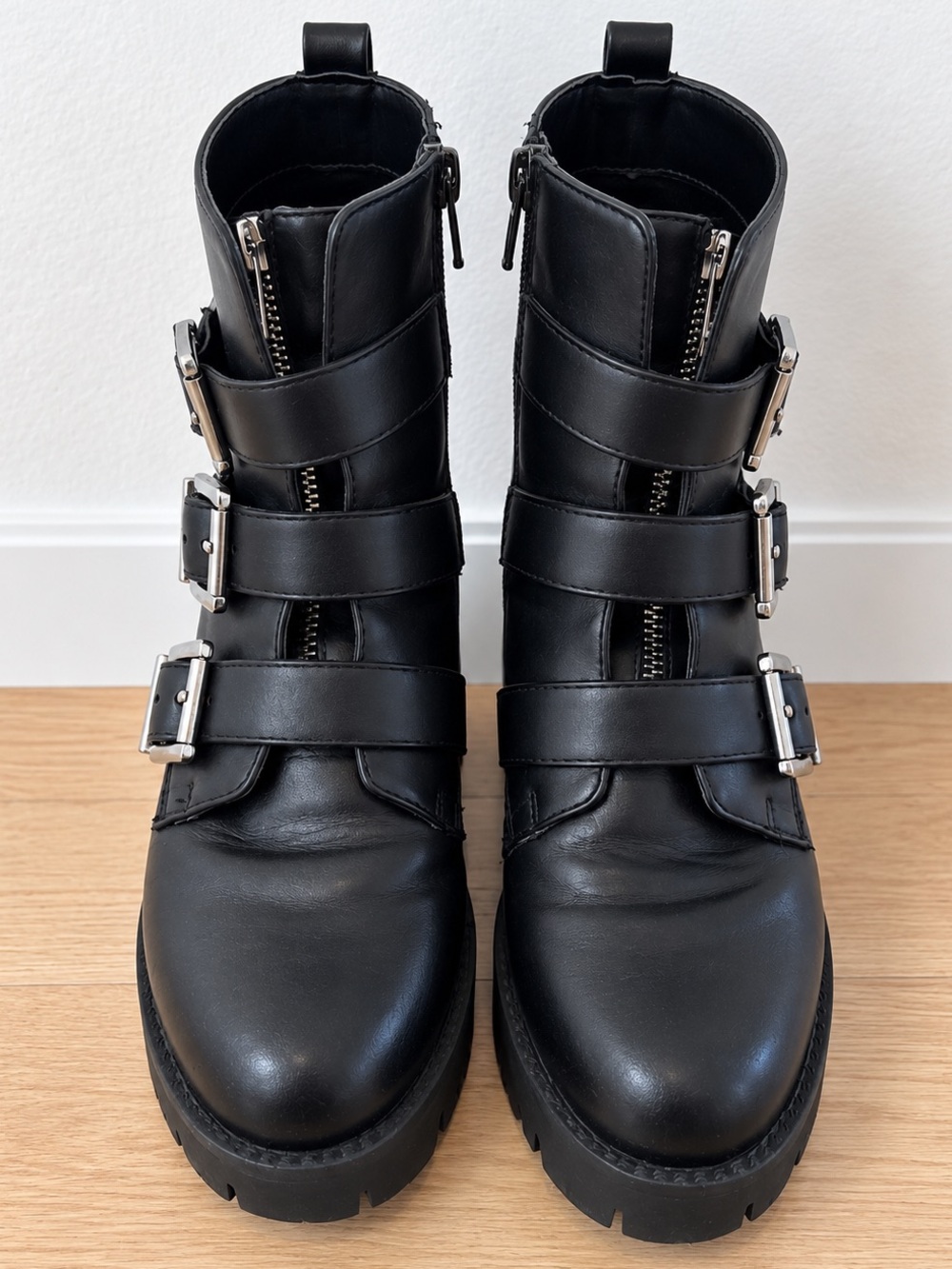 bp Black Triple-Buckle Combat Moto Boots